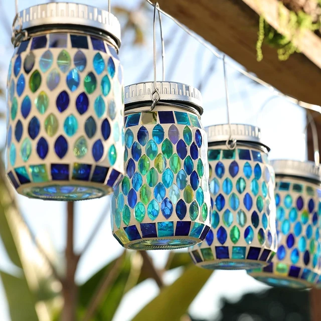 Alt view image 5 of 7 - Cooo 4 Pack Mosaic Solar Lanterns Outdoor Waterproof Handmade Patch Jar
