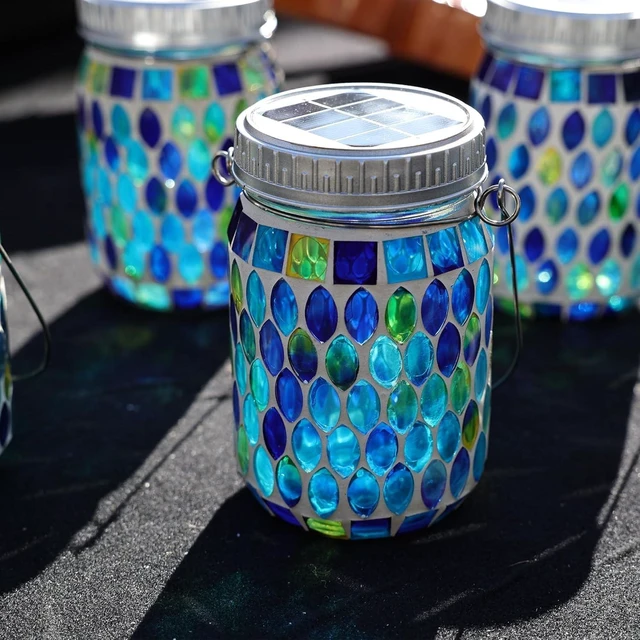 Alt view image 6 of 7 - Cooo 4 Pack Mosaic Solar Lanterns Outdoor Waterproof Handmade Patch Jar