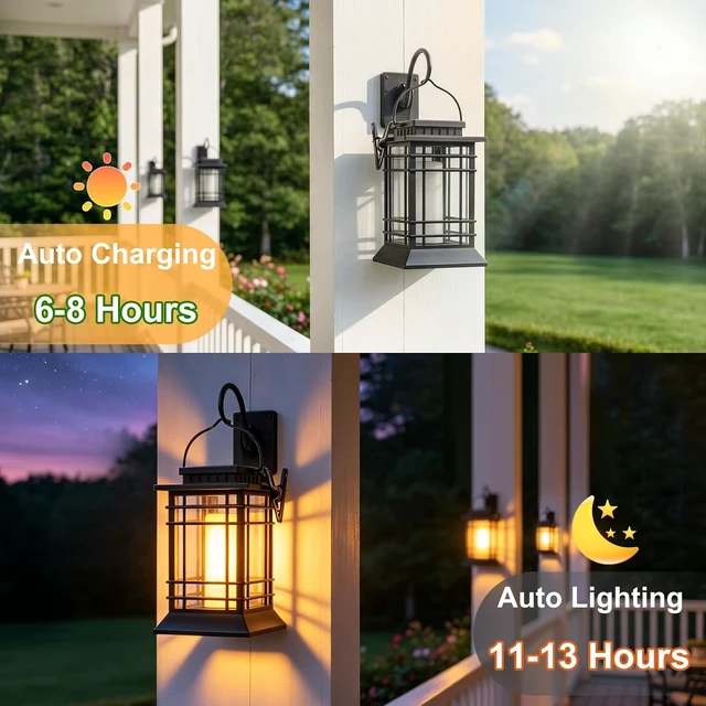 Alt view image 2 of 7 - Brightever 4-Pack Solar Lanterns Outdoor Waterproof, Flickering Flame Solar Lights Outdoor, Solar Powered Hanging Lantern Lights for Outside Patio Garden Yard Fence Decor
