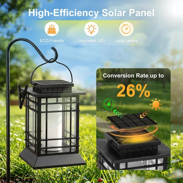 Alt view image 3 of 7 - Brightever 4-Pack Solar Lanterns Outdoor Waterproof, Flickering Flame Solar Lights Outdoor, Solar Powered Hanging Lantern Lights for Outside Patio Garden Yard Fence Decor
