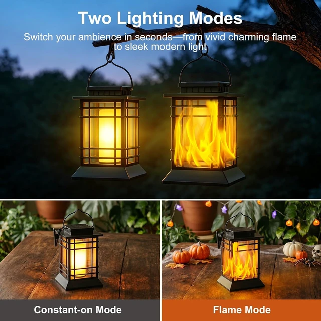 Alt view image 4 of 7 - Brightever 4-Pack Solar Lanterns Outdoor Waterproof, Flickering Flame Solar Lights Outdoor, Solar Powered Hanging Lantern Lights for Outside Patio Garden Yard Fence Decor