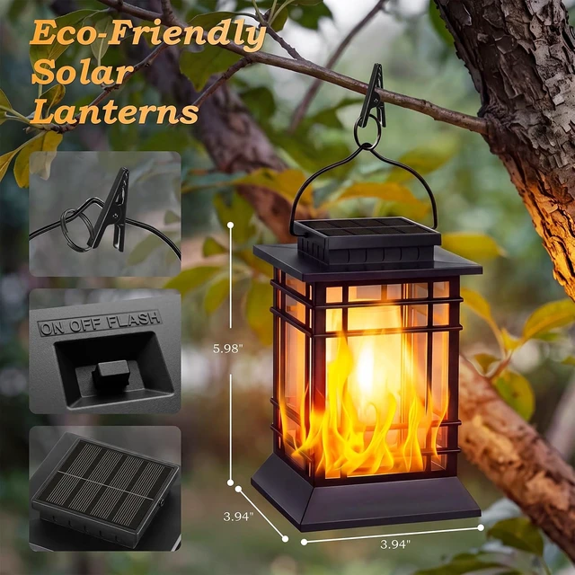 Alt view image 5 of 7 - Brightever 4-Pack Solar Lanterns Outdoor Waterproof, Flickering Flame Solar Lights Outdoor, Solar Powered Hanging Lantern Lights for Outside Patio Garden Yard Fence Decor