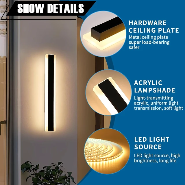 Alt view image 5 of 7 - 2 Pack 23.6inch Outdoor Wall Light, Black, 24W, IP65 Waterproof