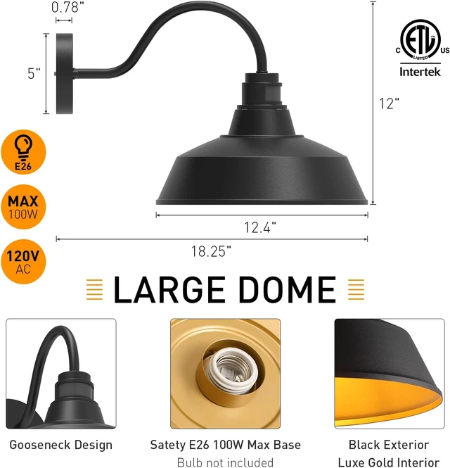 Alt view image 2 of 7 - 12.4'' Motion Sensor Outdoor Barn Lights, Dusk to Dawn Outdoor Lighting Wall Mount, Farmhouse Outdoor Wall Sconce Dome Gooseneck Barn Light for Porch Garage Patio, Waterproof Rustproof, 1-Pack