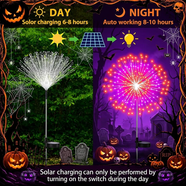 Alt view image 2 of 7 - Tujoe 8 Pcs Halloween Solar Firework Stake Lights 180 LED 8 Modes
