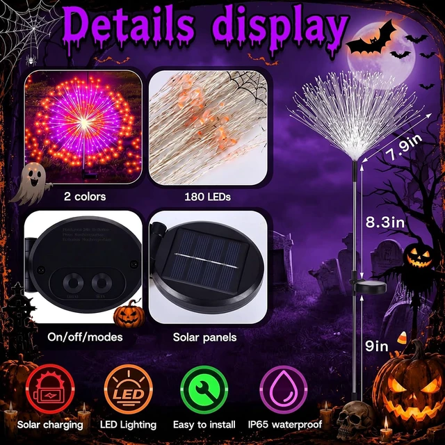 Alt view image 3 of 7 - Tujoe 8 Pcs Halloween Solar Firework Stake Lights 180 LED 8 Modes