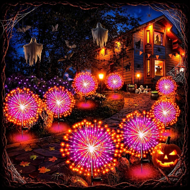 Alt view image 5 of 7 - Tujoe 8 Pcs Halloween Solar Firework Stake Lights 180 LED 8 Modes
