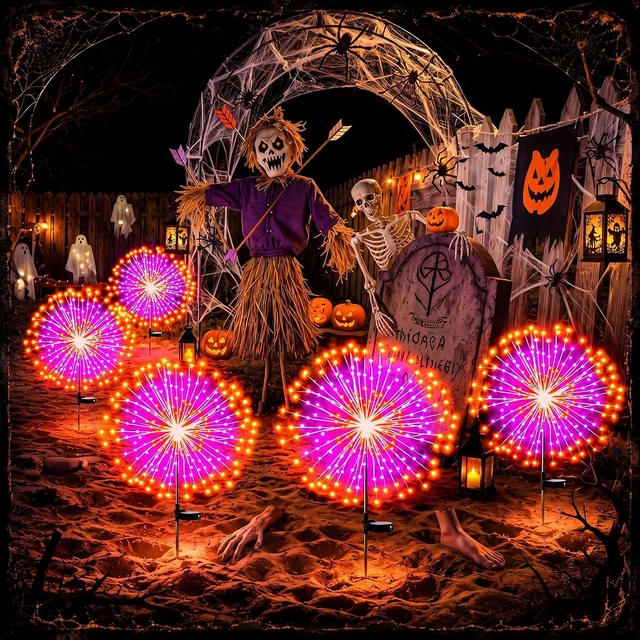 Alt view image 6 of 7 - Tujoe 8 Pcs Halloween Solar Firework Stake Lights 180 LED 8 Modes