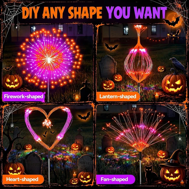 Alt view image 4 of 7 - Tujoe 8 Pcs Halloween Solar Firework Stake Lights 180 LED 8 Modes
