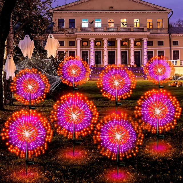 Alt view image 7 of 7 - Tujoe 8 Pcs Halloween Solar Firework Stake Lights 180 LED 8 Modes