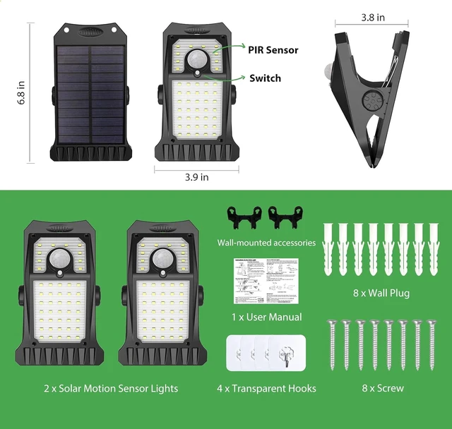 Alt view image 7 of 7 - Tryme 45LEDs Solar Lights Outdoor Clip Motion Sensor Lights 3 Modes 3 Mounting Ways IP65 Waterproof Security Light for Chain Link Fence Camping Gate (2 Pack)