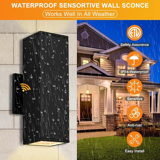 Alt view image 3 of 7 - Dusk to Dawn Outdoor Wall Lights, 2 Pack Waterproof Exterior Lighting Fixtures, Up Down Porch Lights Outdoor Lights for House Porch Patio, ETL Listed