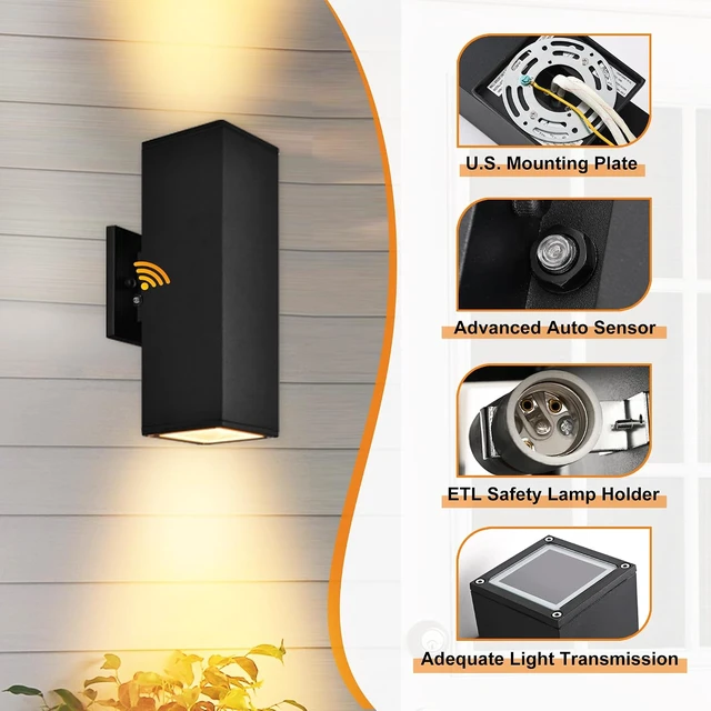 Alt view image 6 of 7 - Dusk to Dawn Outdoor Wall Lights, 2 Pack Waterproof Exterior Lighting Fixtures, Up Down Porch Lights Outdoor Lights for House Porch Patio, ETL Listed