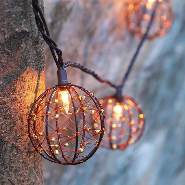 Alt view image 2 of 7 - Outdoor Decorative Patio String Lights, Beaded Copper Wire Ball Style Lantern Lights, Connectable Weather-Resistant Indoor Outdoor Novelty Whimsical Light for Home Pergola Bedroom Porch Party Backyard
