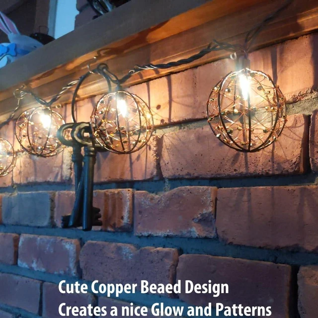 Alt view image 4 of 7 - Outdoor Decorative Patio String Lights, Beaded Copper Wire Ball Style Lantern Lights, Connectable Weather-Resistant Indoor Outdoor Novelty Whimsical Light for Home Pergola Bedroom Porch Party Backyard