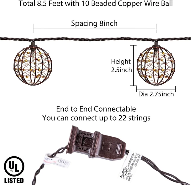 Alt view image 3 of 7 - Outdoor Decorative Patio String Lights, Beaded Copper Wire Ball Style Lantern Lights, Connectable Weather-Resistant Indoor Outdoor Novelty Whimsical Light for Home Pergola Bedroom Porch Party Backyard