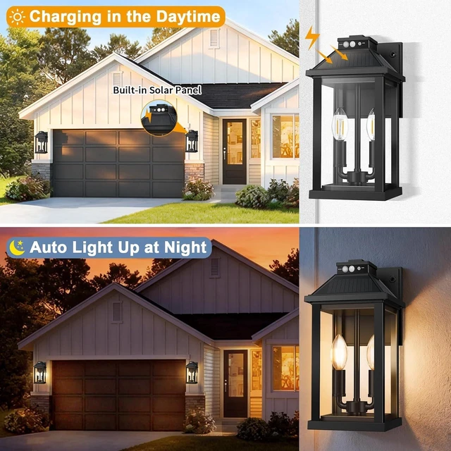 Alt view image 3 of 7 - Solar Porch Lights Outdoor with Motion Sensor, Dusk to Dawn Waterproof Solar Wall Light with 3 Lighting Modes, Wall Sconce Light fixtures for Home Garage Porch Yard Front Door