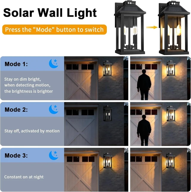 Alt view image 4 of 7 - Solar Porch Lights Outdoor with Motion Sensor, Dusk to Dawn Waterproof Solar Wall Light with 3 Lighting Modes, Wall Sconce Light fixtures for Home Garage Porch Yard Front Door