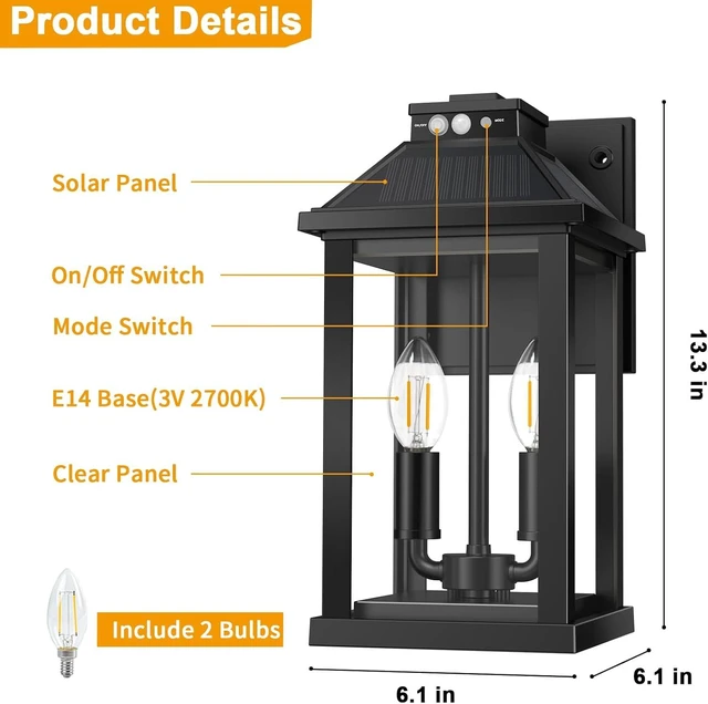Alt view image 6 of 7 - Solar Porch Lights Outdoor with Motion Sensor, Dusk to Dawn Waterproof Solar Wall Light with 3 Lighting Modes, Wall Sconce Light fixtures for Home Garage Porch Yard Front Door