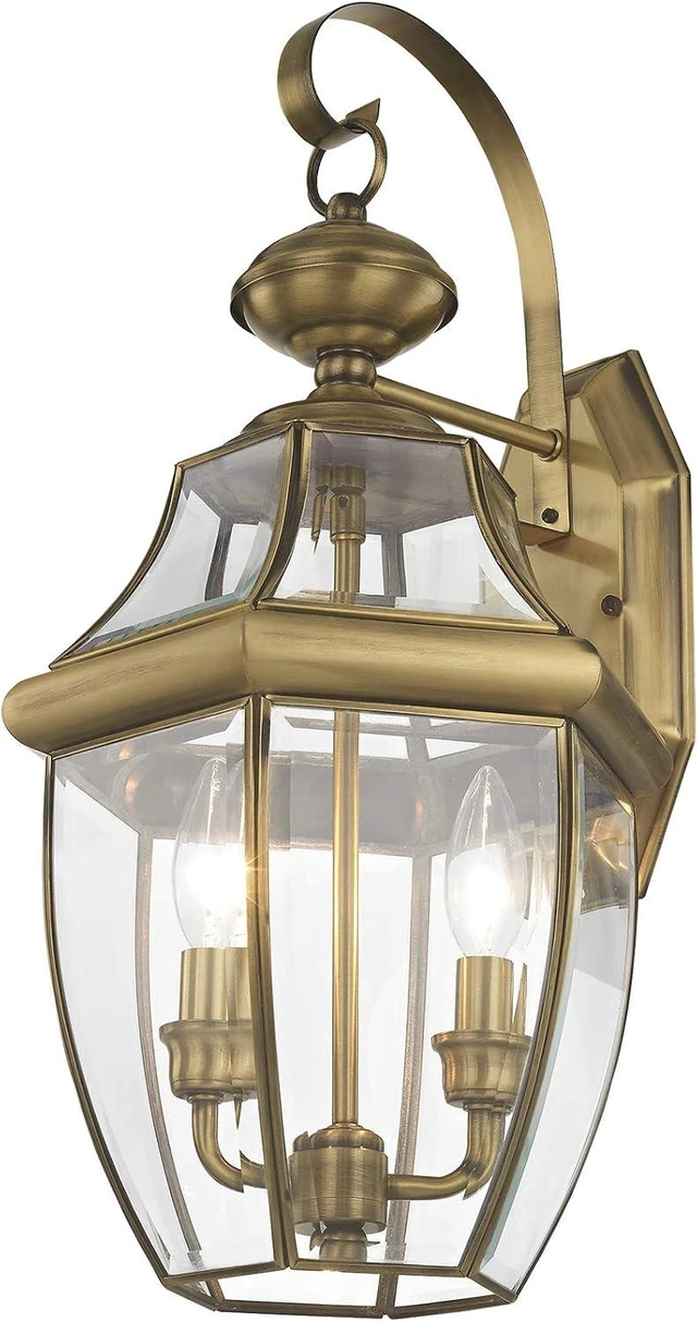 Main image of Livex Lighting 2251-01 Monterey 2 Light Outdoor Antique Brass Finish Solid Brass Wall Lantern with Clear Beveled Glass