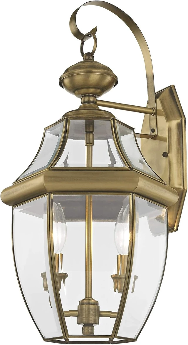 Alt view image 2 of 5 - Livex Lighting 2251-01 Monterey 2 Light Outdoor Antique Brass Finish Solid Brass Wall Lantern with Clear Beveled Glass