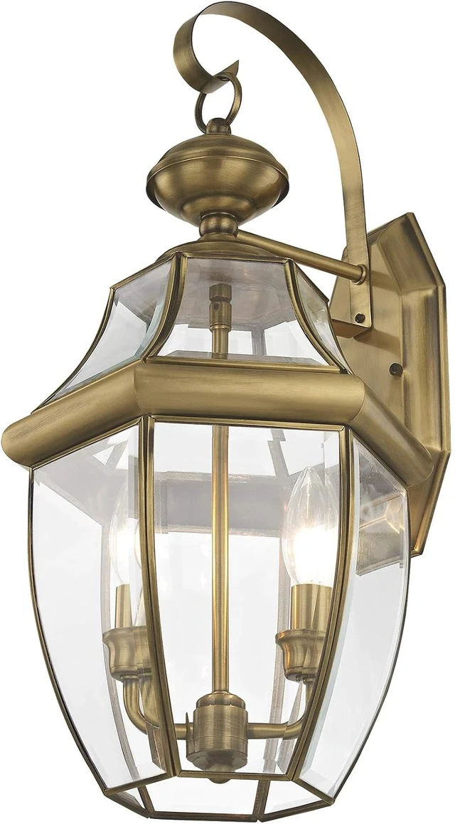 Alt view image 3 of 5 - Livex Lighting 2251-01 Monterey 2 Light Outdoor Antique Brass Finish Solid Brass Wall Lantern with Clear Beveled Glass