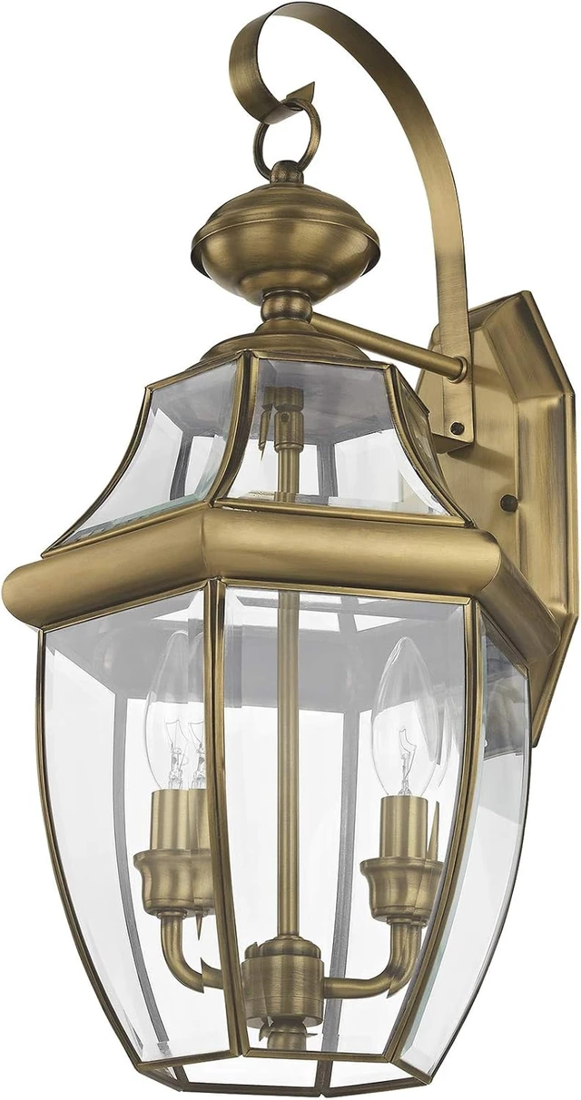 Alt view image 4 of 5 - Livex Lighting 2251-01 Monterey 2 Light Outdoor Antique Brass Finish Solid Brass Wall Lantern with Clear Beveled Glass