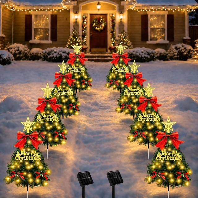 Main image of Christmas Tree Solar Pathway Lights Outdoor Decor, 8 Pack, Green