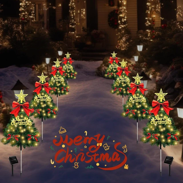 Alt view image 6 of 7 - Christmas Tree Solar Pathway Lights Outdoor Decor, 8 Pack, Green