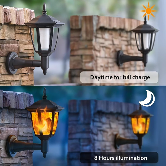 Alt view image 3 of 7 - Dynaming 4 Pack Solar Flame Wall Lanterns Outdoor, Solar Powered Wall Mounted Sconce Lights, Flickering Flame LED Lights Auto On/Off Wall Hanging Lights, Waterproof for Garage Stair Patio Porch Yard