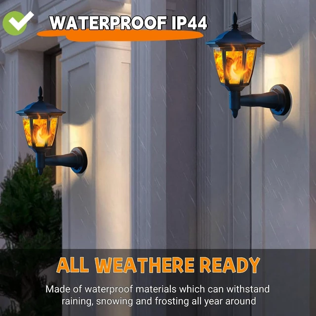 Alt view image 4 of 7 - Dynaming 4 Pack Solar Flame Wall Lanterns Outdoor, Solar Powered Wall Mounted Sconce Lights, Flickering Flame LED Lights Auto On/Off Wall Hanging Lights, Waterproof for Garage Stair Patio Porch Yard