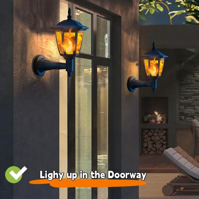 Alt view image 6 of 7 - Dynaming 4 Pack Solar Flame Wall Lanterns Outdoor, Solar Powered Wall Mounted Sconce Lights, Flickering Flame LED Lights Auto On/Off Wall Hanging Lights, Waterproof for Garage Stair Patio Porch Yard