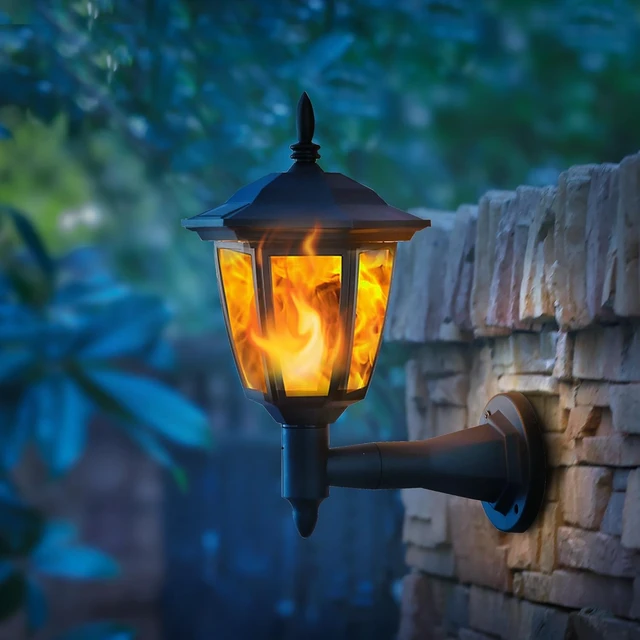 Alt view image 5 of 7 - Dynaming 4 Pack Solar Flame Wall Lanterns Outdoor, Solar Powered Wall Mounted Sconce Lights, Flickering Flame LED Lights Auto On/Off Wall Hanging Lights, Waterproof for Garage Stair Patio Porch Yard