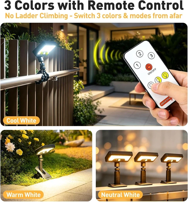 Alt view image 5 of 7 - 2 Pack Clip On Solar Lights Outdoor with Octopus Tripod, 92 LEDs 3 Color Temps & Remote Control, Motion Sensor Fence Lights Solar Powered, IP65 Waterproof Security Light for Deck, Gutter, Camping