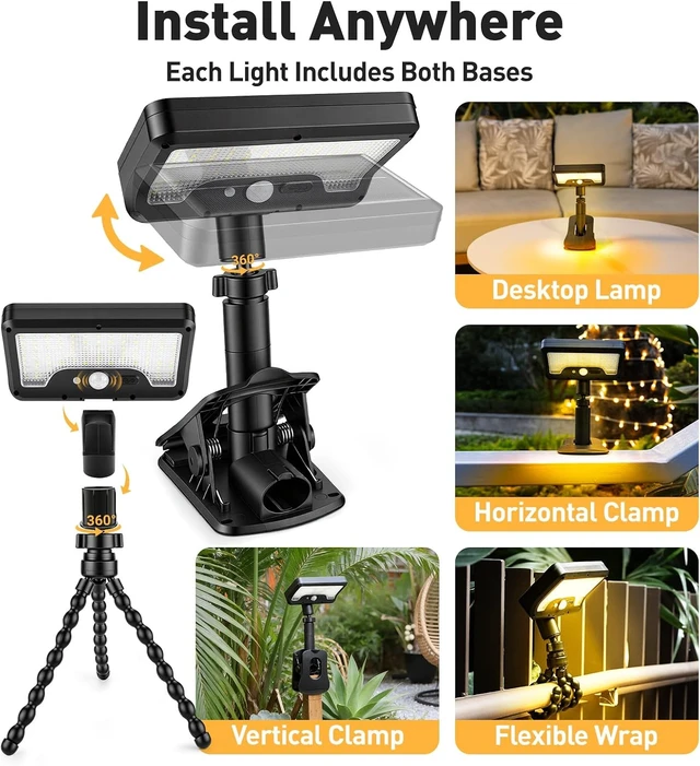 Alt view image 3 of 7 - 2 Pack Clip On Solar Lights Outdoor with Octopus Tripod, 92 LEDs 3 Color Temps & Remote Control, Motion Sensor Fence Lights Solar Powered, IP65 Waterproof Security Light for Deck, Gutter, Camping