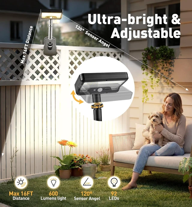 Alt view image 6 of 7 - 2 Pack Clip On Solar Lights Outdoor with Octopus Tripod, 92 LEDs 3 Color Temps & Remote Control, Motion Sensor Fence Lights Solar Powered, IP65 Waterproof Security Light for Deck, Gutter, Camping