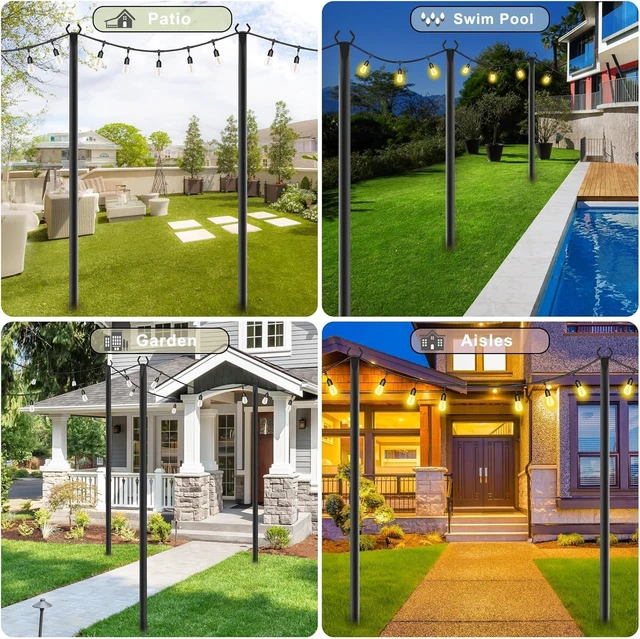 Alt view image 2 of 7 - NUERPO String Light Poles,Metal Poles for Hanging Outdoor Light Strings, Light Poles Stand for Outside Garden,Patio,Wedding,Backyard,Deck,Party (2 Pack 10 FT Light Poles)