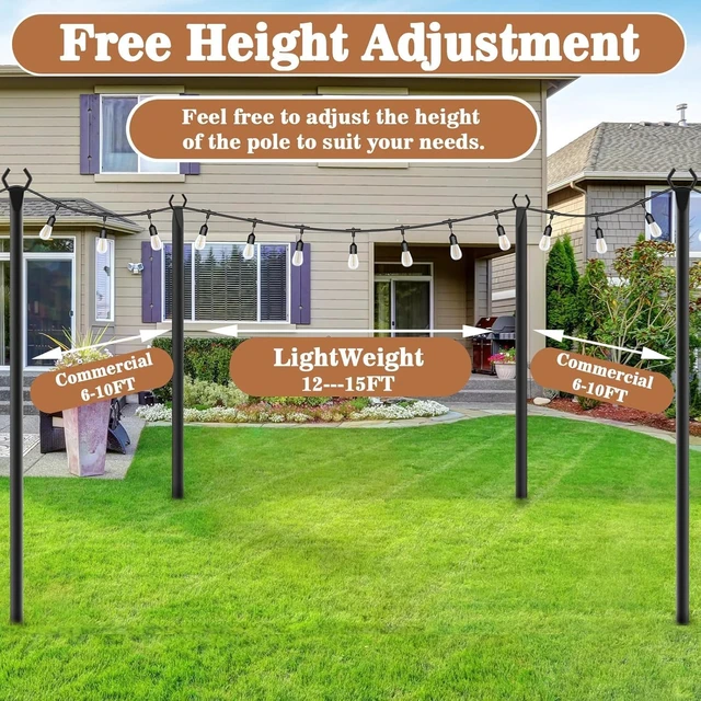 Alt view image 6 of 7 - NUERPO String Light Poles,Metal Poles for Hanging Outdoor Light Strings, Light Poles Stand for Outside Garden,Patio,Wedding,Backyard,Deck,Party (2 Pack 10 FT Light Poles)