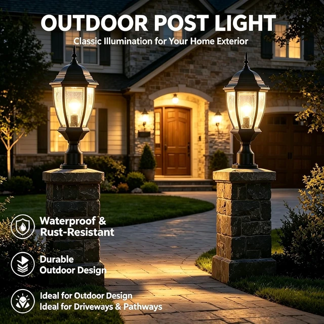 Alt view image 2 of 7 - Outdoor Post Light, 21 Inch Aluminum Outside Post Lantern, Waterproof Exterior Lamp Pole Lantern Head with Seeded Glass, Matte Black Column Lights for Patio Garden Walkway Landscape E26 Base Max 100W