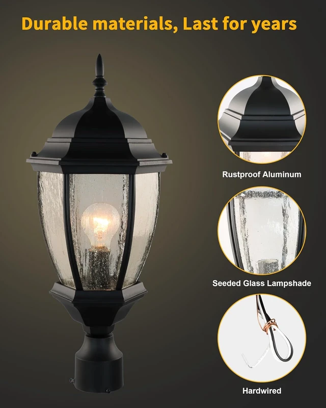Alt view image 4 of 7 - Outdoor Post Light, 21 Inch Aluminum Outside Post Lantern, Waterproof Exterior Lamp Pole Lantern Head with Seeded Glass, Matte Black Column Lights for Patio Garden Walkway Landscape E26 Base Max 100W