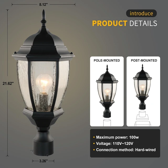 Alt view image 3 of 7 - Outdoor Post Light, 21 Inch Aluminum Outside Post Lantern, Waterproof Exterior Lamp Pole Lantern Head with Seeded Glass, Matte Black Column Lights for Patio Garden Walkway Landscape E26 Base Max 100W