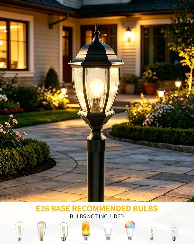Alt view image 6 of 7 - Outdoor Post Light, 21 Inch Aluminum Outside Post Lantern, Waterproof Exterior Lamp Pole Lantern Head with Seeded Glass, Matte Black Column Lights for Patio Garden Walkway Landscape E26 Base Max 100W