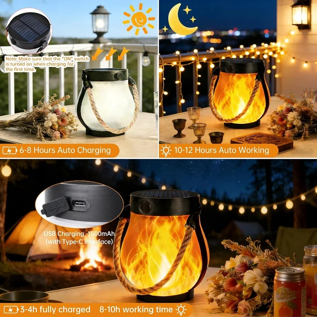 Alt view image 3 of 7 - 2 Pack Solar Lanterns Outdoor Waterproof, Flickering Flame Hanging Lanterns