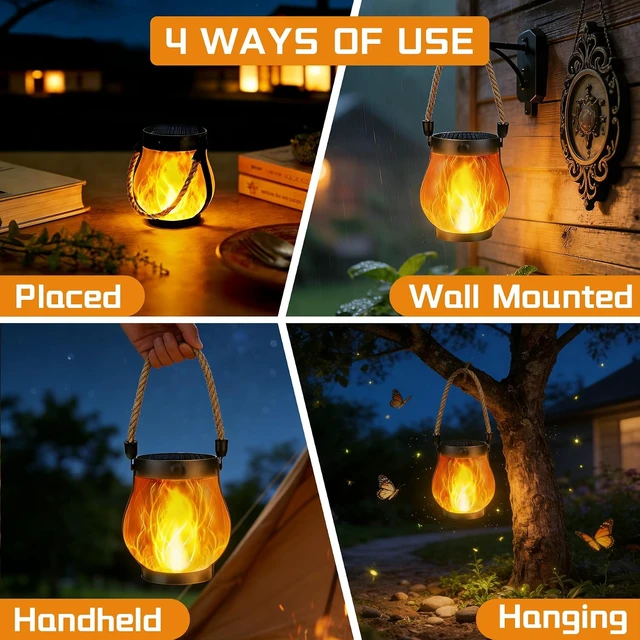 Alt view image 6 of 7 - 2 Pack Solar Lanterns Outdoor Waterproof, Flickering Flame Hanging Lanterns