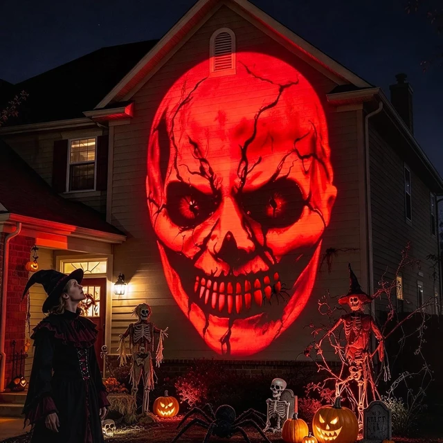 Alt view image 4 of 7 - 12 in 1 Halloween Projector Outdoor - 3D Dynamic Halloween Decorations,Clearer Skull/Spider/Pumpkin/Witch Cauldron HD Patterns,Holiday Lights for Window Garage Door Cover