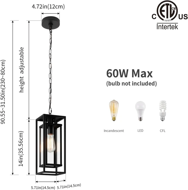 Alt view image 2 of 6 - mirrea 14" Matte Black Outdoor Pendant Lights for Front Porch Hanging Lamps