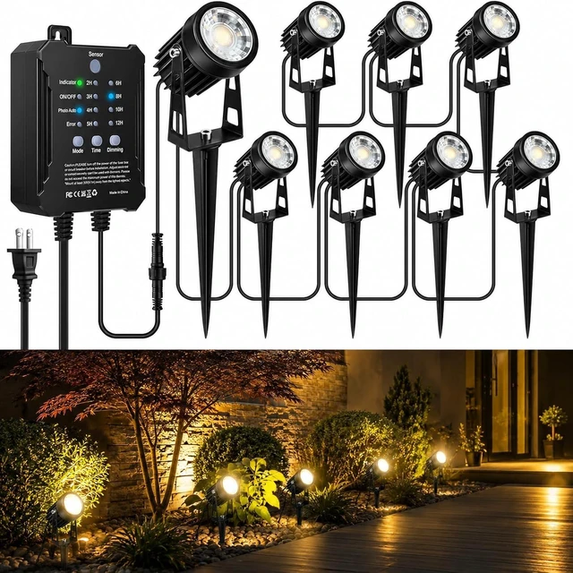 Main image of Low Voltage Landscape Lighting Kit, 8-Pack LED Spotlights with 24W Transformer, 3000K Waterproof Outdoor Lights with Timer & Dusk-to-Dawn Sensor, 75FT Wire for Yard, Garden, Patio, Pathway, Trees