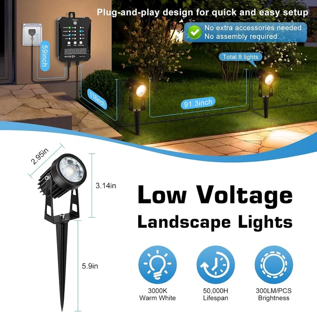 Alt view image 6 of 7 - Low Voltage Landscape Lighting Kit, 8-Pack LED Spotlights with 24W Transformer, 3000K Waterproof Outdoor Lights with Timer & Dusk-to-Dawn Sensor, 75FT Wire for Yard, Garden, Patio, Pathway, Trees