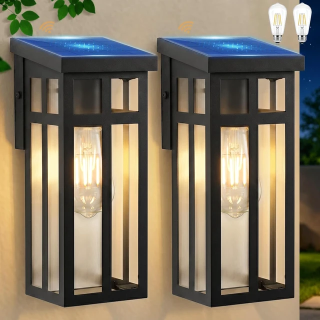 Main image of BesLowe 2-Pack Solar Outdoor Wall Lights, Exterior Wall Lanterns Black