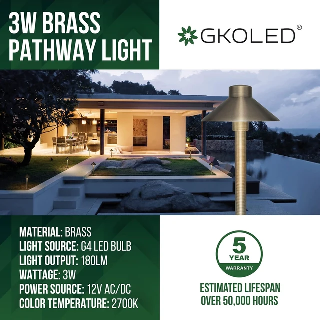 Alt view image 2 of 6 - GKOLED Solid Brass Pathway Lights, Low Voltage LED Landscape Path Light, Outdoor Waterproof Accent Lighting, 12V AC/DC, 2700K Warm White, with 3W G4 LED Bulb & Large Rugged Slot Spike, 2 Pack